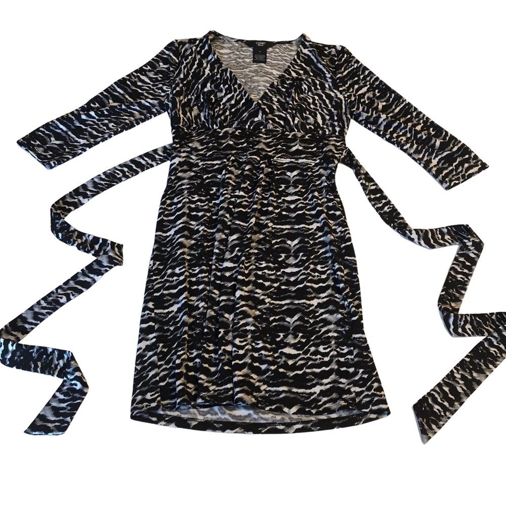Como Black, Black Gray White Wrap Style Dress, V-Neck, Medium, Professional